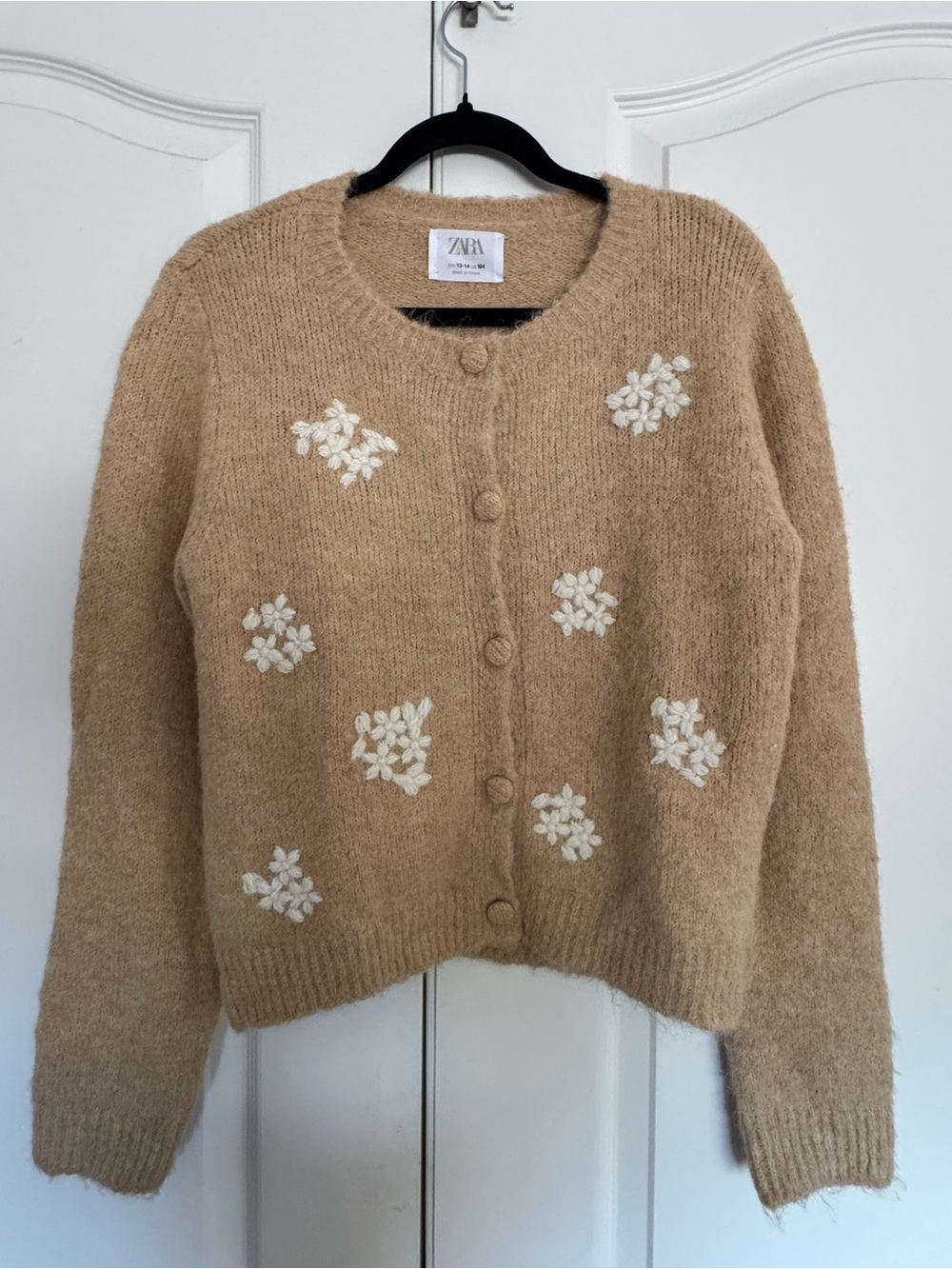 Zara Tan Cardigan with Cream Floral Embroidery